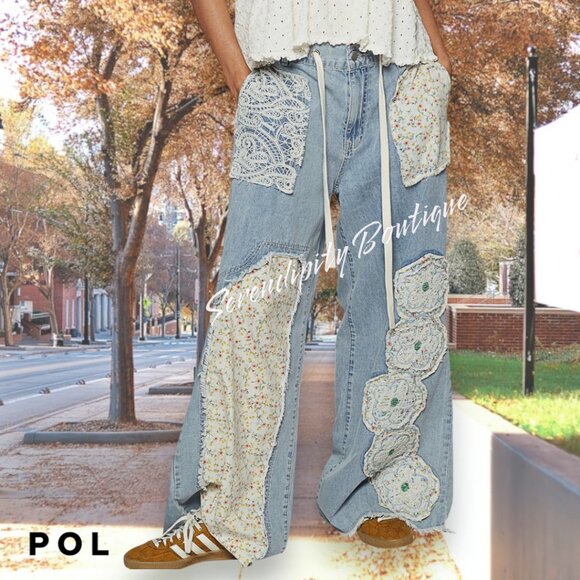 POL Super Baggy Floral Lace Patchwork Faded Oversized Wide Leg Baggy Denim Jeans - Picture 1 of 9